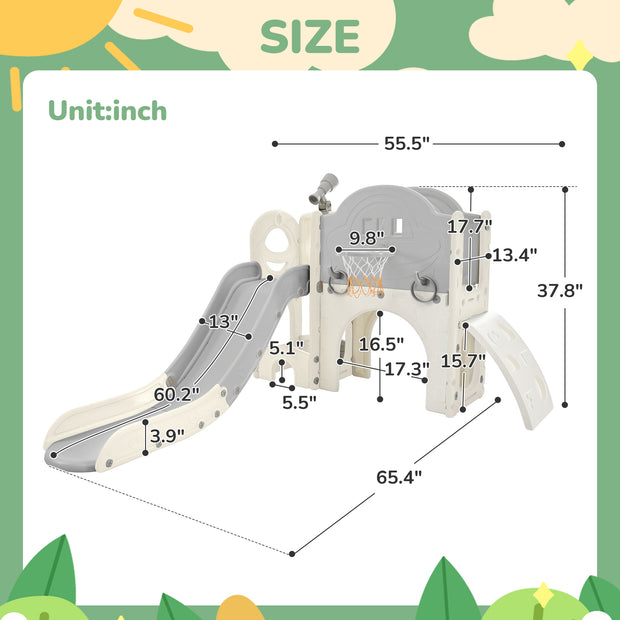 Kids Slide Playset Structure 7 in 1, Freestanding Spaceship Set with Slide, Arch Tunnel Grey+White + HDPE