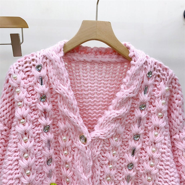 Pink three-dimensional strawberry hand woven rod needle nail bead loose sweater top jacket for women