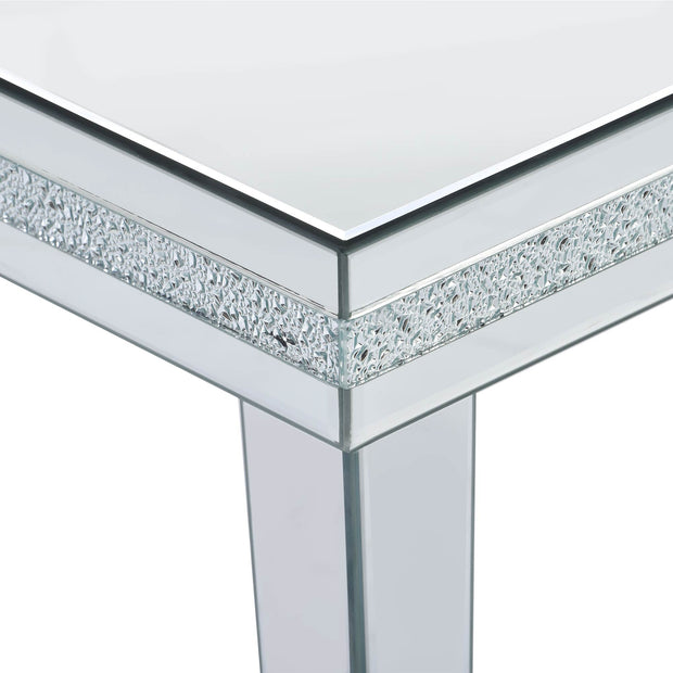 The ON-TRANS stylish modern glass mirrored coffee table features a crystal design and adjustable height legs in silver