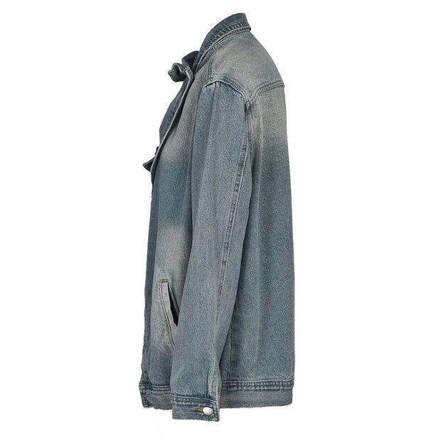 Irregular washed denim jacket loose short style lapel top for men and women