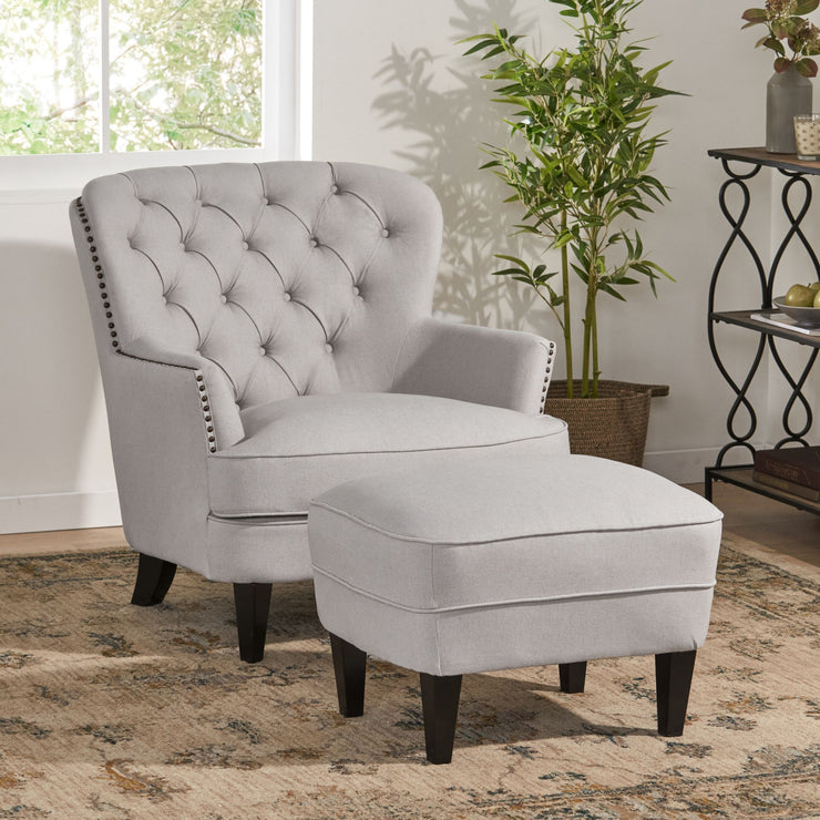 Modern light grey fabric club chair and Ottoman set, stylish cushioned armchair, paired with Ottoman style