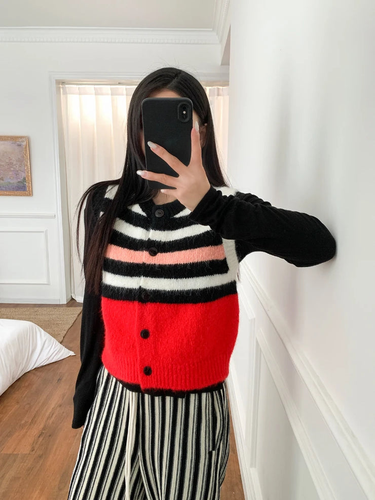 Wool-blend Mohair Striped Color Contrast Vest  Women Knit Top Niche Design Knitted Outfit Chic Sweater