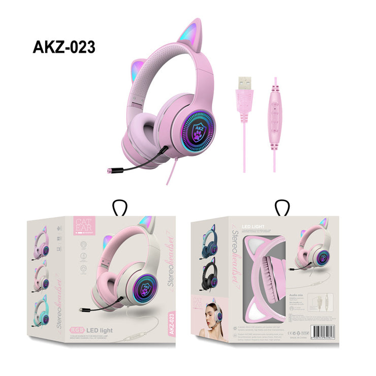 AKZ-023 New RGB Luminous Cat Ear Wired Headset USB With Sound Card Game Headset Learning Headset