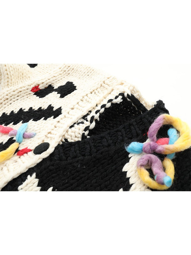 Handmade Needle Hook Flower Color blocked Tassel Thickened V-neck Knitted Cardigan Coat Sweater Top