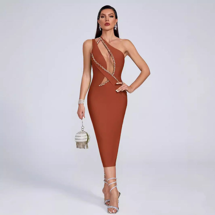 Bandage dress fashionable and sexy one shoulder slanted collar nail drill mesh dress