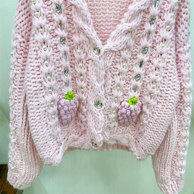 Pink three-dimensional strawberry hand woven rod needle nail bead loose sweater top jacket for women