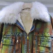 Hand drawn woolen collar denim jacket by Heavy Industry women's American style spicy girl with fleece short denim jacket