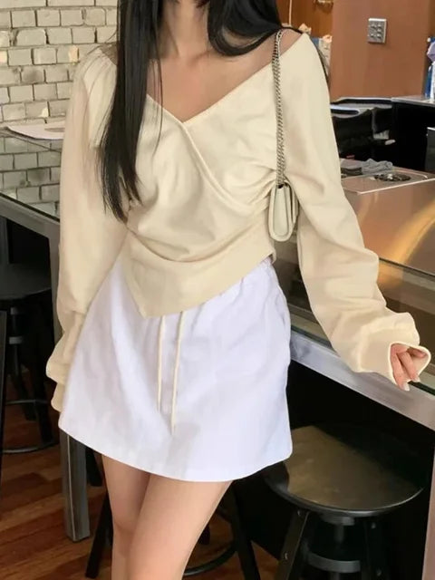 V-neck Off Shoulder Hoodie Long Sleeve Hoodies Irregular Hem Clothes Korean Chic Ropa Mujer Vintage Sudaderas All-match Roupas