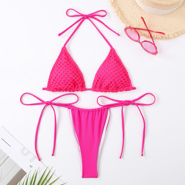 Split bikini swimsuit women's lace up tight and sexy neck hanging women's fashionable solid color swimsuit