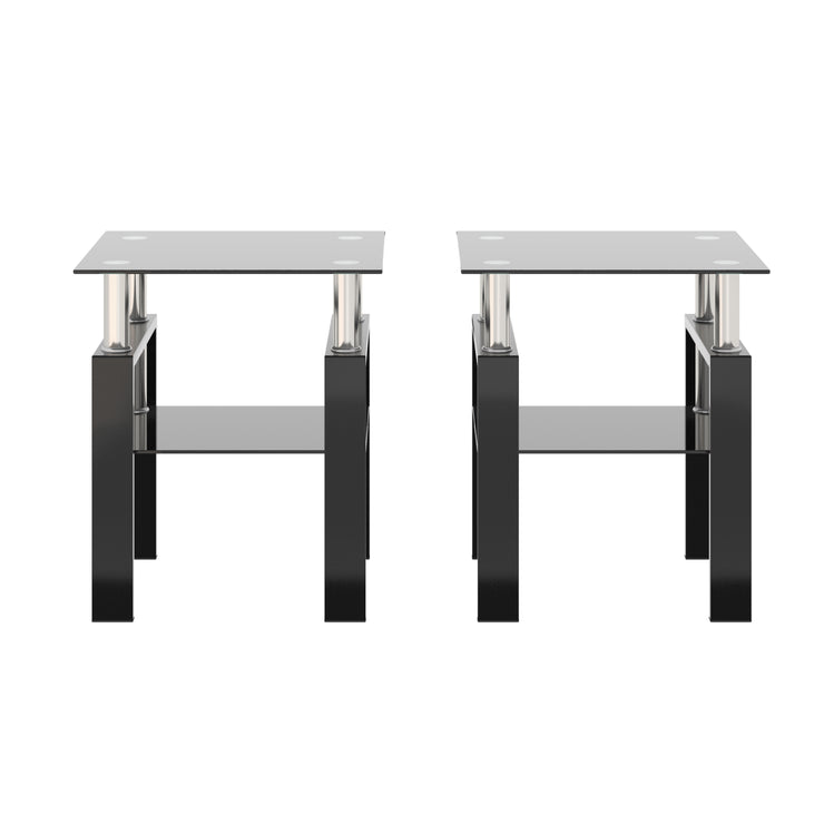 Set of 2, Modern Tempered Glass Tea Table Coffee Table End Table, Square Table for Living Room, Black