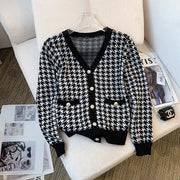 Houndstooth V-neck Sweater Cardigan Women Korean Vintage Elegant Fashion Knitwear Tops Long Sleeve Single-breasted