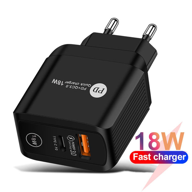 18W PD+QC3.0 fast charging charger with Type-c QC3.0 fast charging head