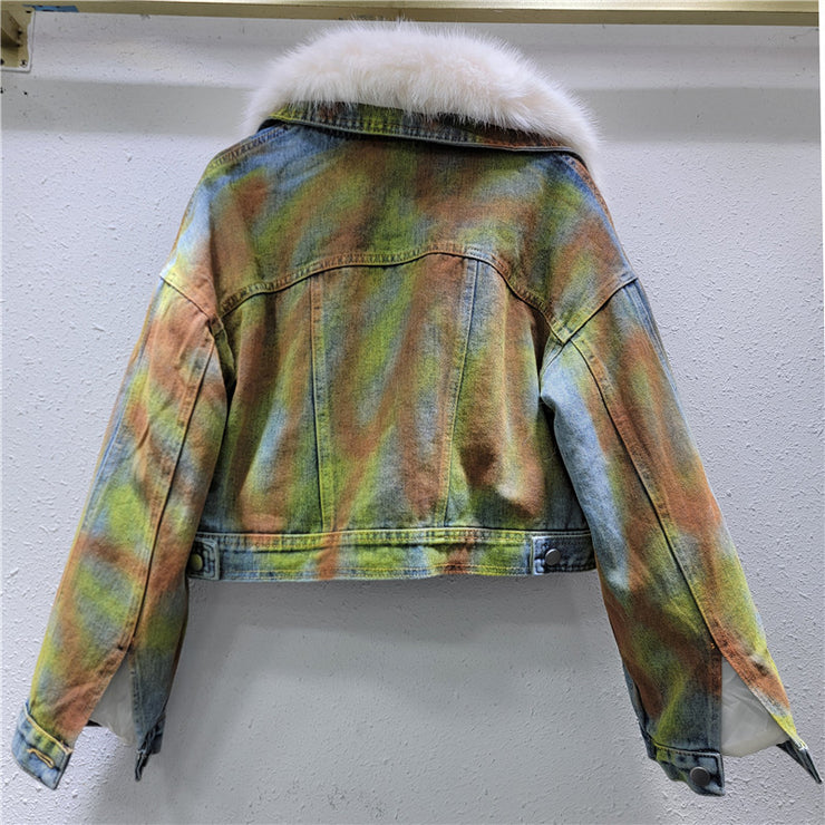 Hand drawn woolen collar denim jacket by Heavy Industry women's American style spicy girl with fleece short denim jacket