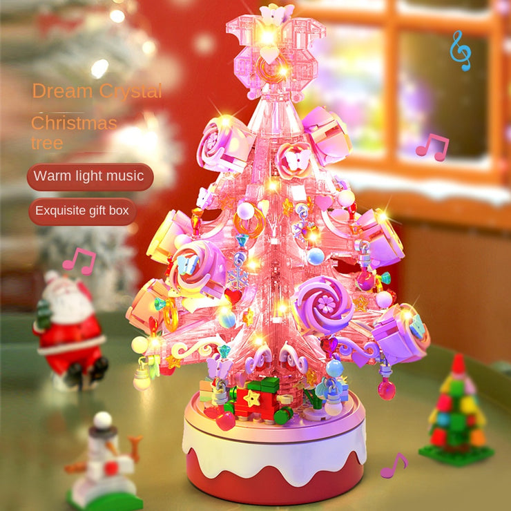 Christmas Gift Crystal Lights Christmas Tree Rotating Music Box Assembled Toy Small Particle Building Blocks