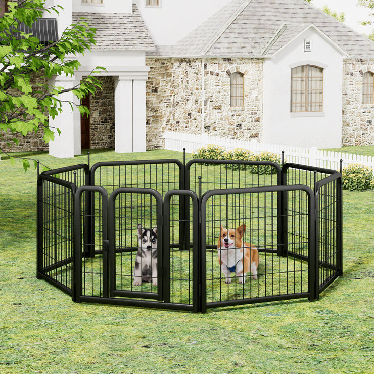 8-panel dog fence, 24 inch small dog pet fence, portable indoor pet game fence. Black, 22.2 inches wide x 23.6 inches high.