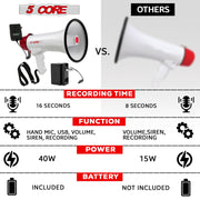 5Core Megaphone Bullhorn Speaker 40W Bull Horn Rechargeable Cheer