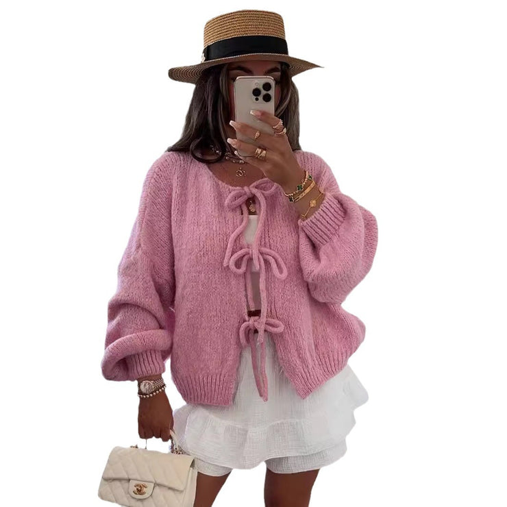 Round neck tie knitted cardigan jacket autumn and winter new style solid color commuting simple sweater for women