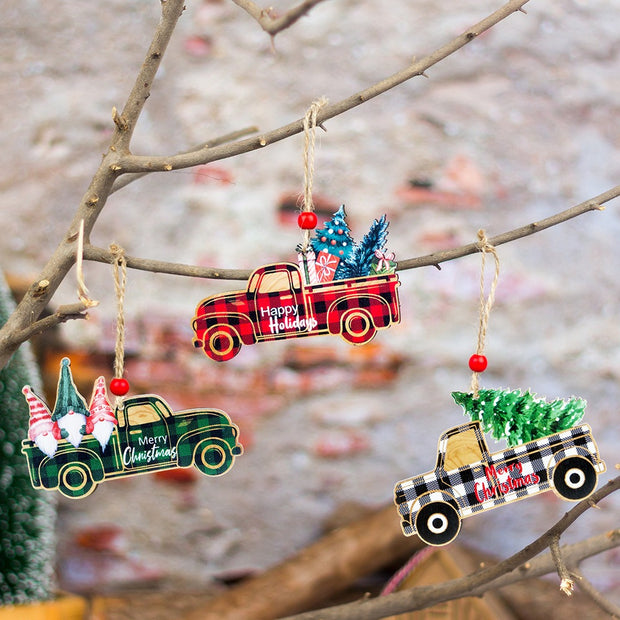 Christmas Decorations Wooden Plaid Car Santa Claus Christmas Tree Hanging Decorations Colorful Christmas Wooden Pendants