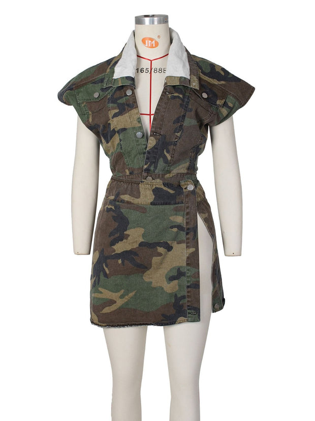 Leisure vintage heavy water wash sleeveless high slit camouflage casual suit