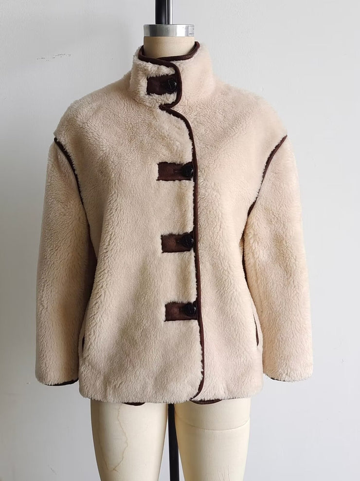 Color blocked fleece loose short jacket flight jacket for women - Follow yourDream