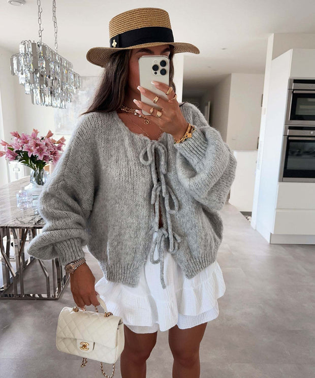 Round neck tie knitted cardigan jacket autumn and winter new style solid color commuting simple sweater for women