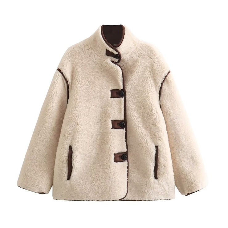 Color blocked fleece loose short jacket flight jacket for women - Follow yourDream