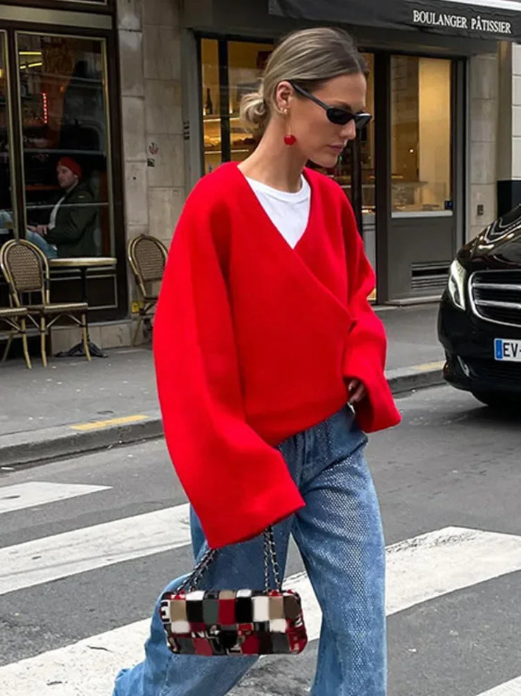 Vintage Red Women's Loose Pullover Sweater Casual V Neck Long Sleeves Short Jumper Top  Female Party Elegant Knitwear - Follow yourDream