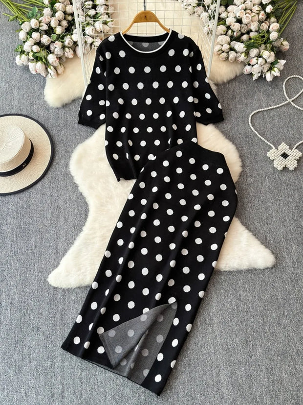 Korean Fashion Chic Summer Round Neck Polka Dot Short Sleeved Knitted Sweater + High Waisted Midi Skirt Women's Two-piece Set