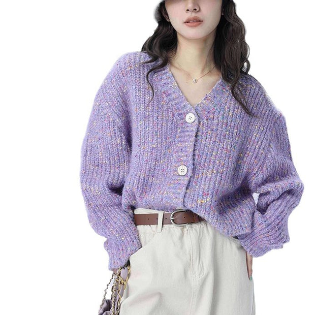 Retro colored dot sweater jacket for women wide and soft with sticky floral thread knit sweater and V-neck knit top