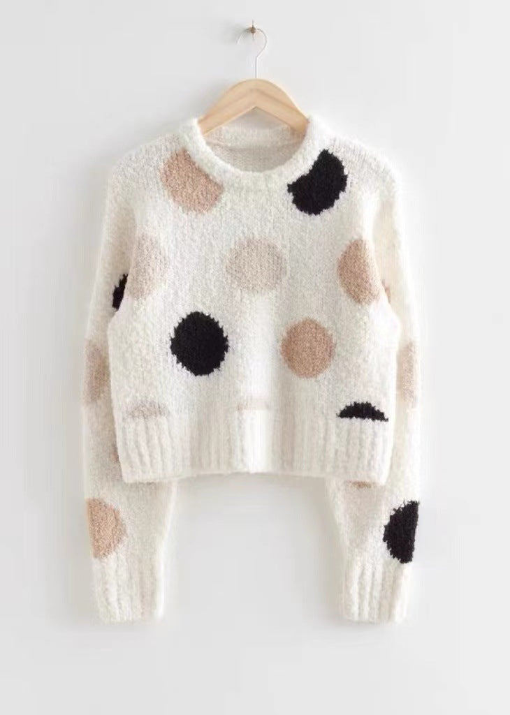 French polka dot jacquard round neck pullover knitted sweater for women