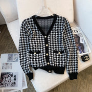 Houndstooth V-neck Sweater Cardigan Women Korean Vintage Elegant Fashion Knitwear Tops Long Sleeve Single-breasted