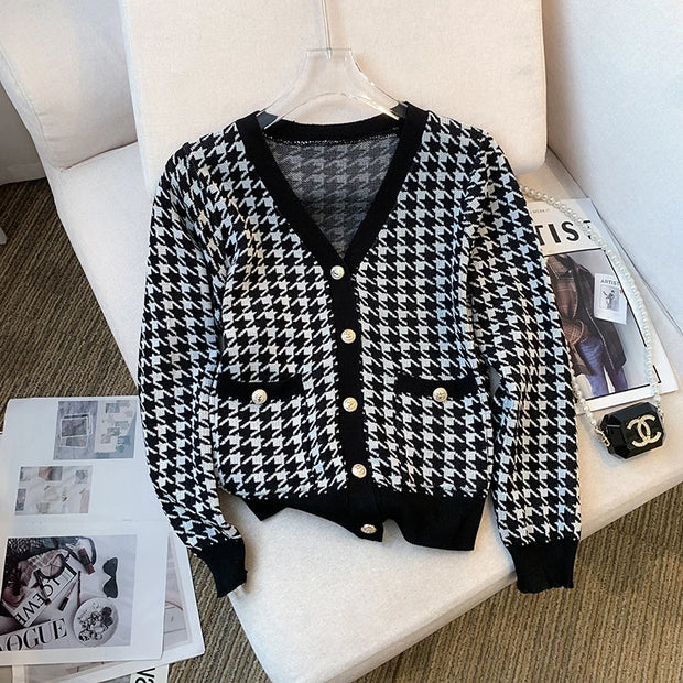 Houndstooth V-neck Sweater Cardigan Women Korean Vintage Elegant Fashion Knitwear Tops Long Sleeve Single-breasted