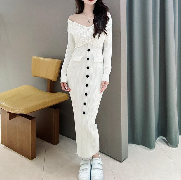 Autumn and winter new ivory white design long sleeved, hip hugging, one shoulder slim knit dress