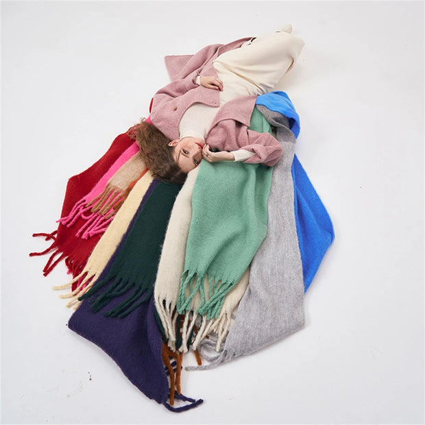 Simple color blocking soft touch plush scarf thickened and lengthened imitation cashmere shawl student windproof scarf for women