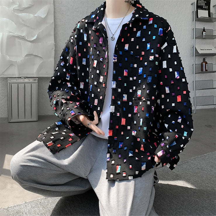 Cotton Hollow Out Shirt Men Oversized Colorful Plaid Shirt Men Streetwear Loose Long Sleeve Shirt Mens Hole Patch Shirts M-3XL - Follow yourDream