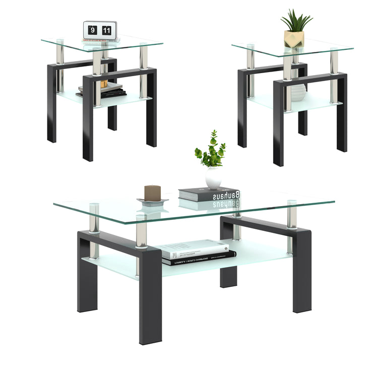 Set of 2, Modern Tempered Glass Tea Table Coffee Table End Table, Square Table for Living Room, Transparent/Black