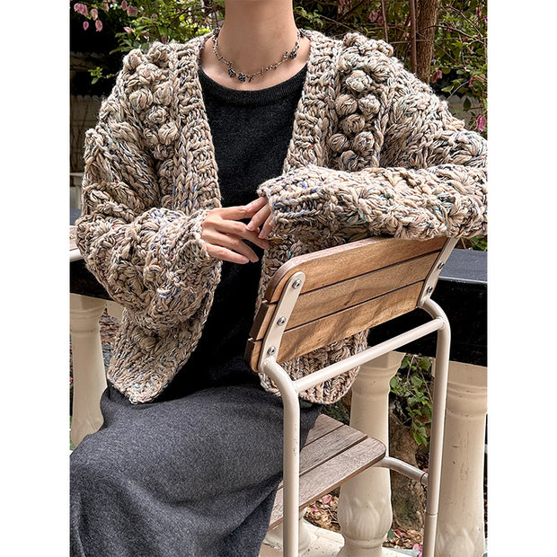 Cardigan coarse needle cotton three-dimensional embroidered jacket sweater