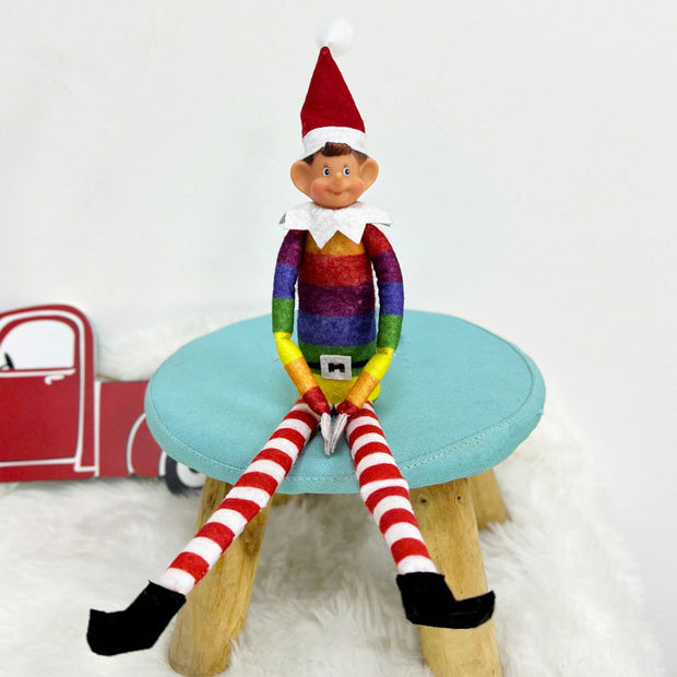 Christmas decorations Christmas elf long legs Christmas ornaments rainbow color sitting Christmas bookshelf elf ornaments