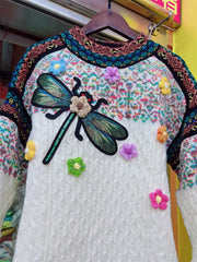 Retro knitted pullover with contrasting colors dragonfly embroidery ethnic style round neck sweater top