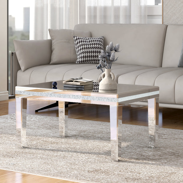 The ON-TRANS stylish modern glass mirrored coffee table features a crystal design and adjustable height legs in silver