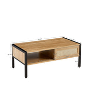 40.16" Rattan Coffee table, sliding door for storage, metal legs, Modern table for living room , natural