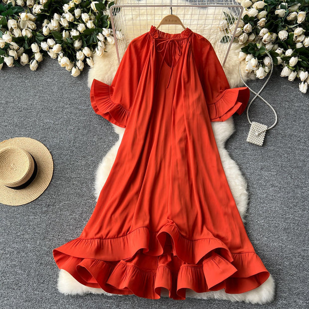 Palace style lotus leaf edge dress women's vacation dress formal dress long skirt