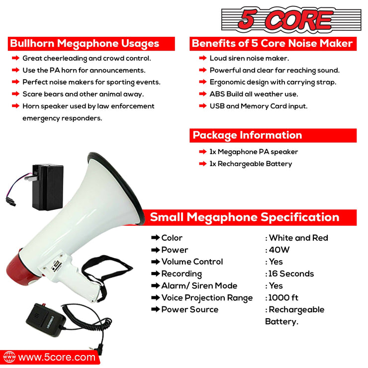 5Core Megaphone Bullhorn Speaker 40W Bull Horn Rechargeable Cheer