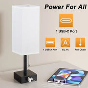 Bedside Table Lamp with USB C+A Ports Pull Chain Desk Lamp Usb Rechargeable AC85-265V Shade for Living Room Study Reading Light