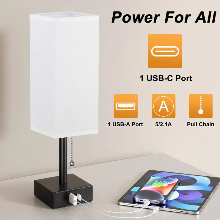 Bedside Table Lamp with USB C+A Ports Pull Chain Desk Lamp Usb Rechargeable AC85-265V Shade for Living Room Study Reading Light