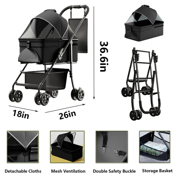 2-in-1 folding dog cart, pet folding cart, four-wheel dog/cat cart, waterproof pad, car seat, sun visor - Follow yourDream