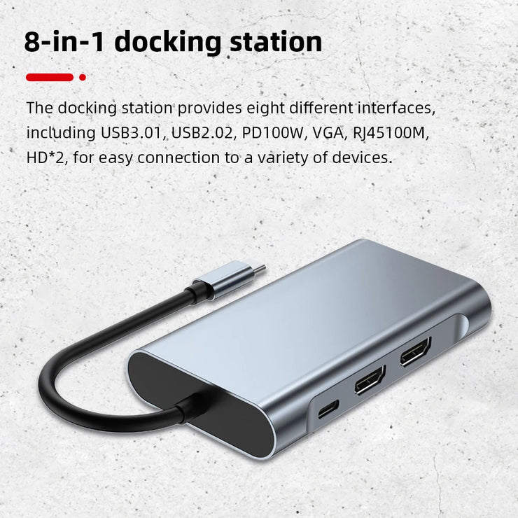 Cross border 8-in-1 docking station network card MST multi screen display suitable for Apple Huawei computer type-c docking station - Follow yourDream