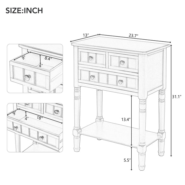 TREXM Narrow Console Desk, Thin Sofa Table with Three Storage Drawers and Living Room Bottom Shelves (Grey Washed)