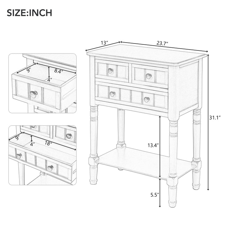 TREXM Narrow Console Desk, Thin Sofa Table with Three Storage Drawers and Living Room Bottom Shelves (Grey Washed)