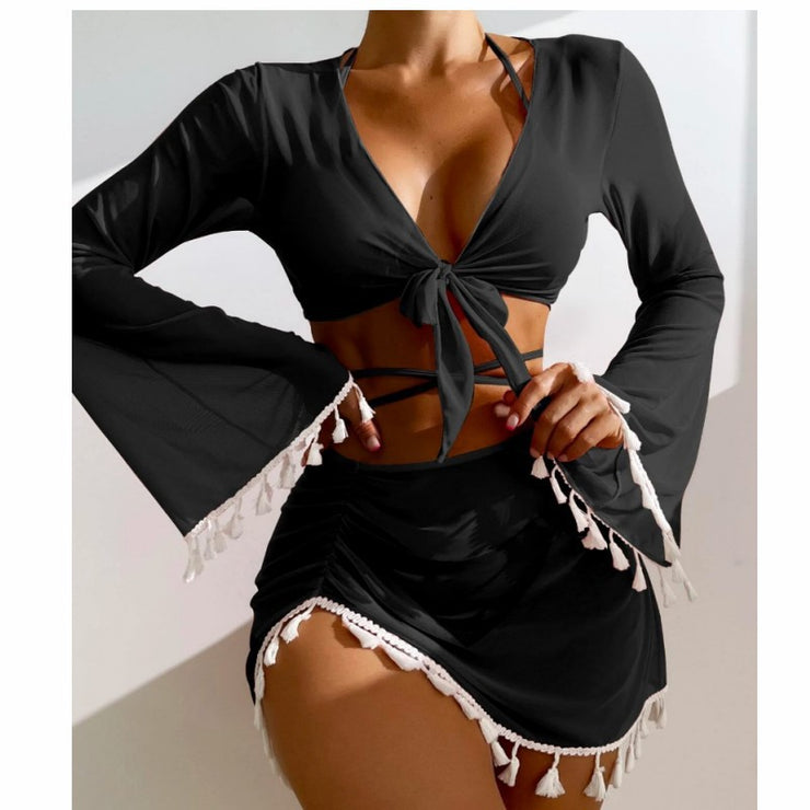 Four piece set of solid color tassel top mesh skirt bikini swimsuit for women